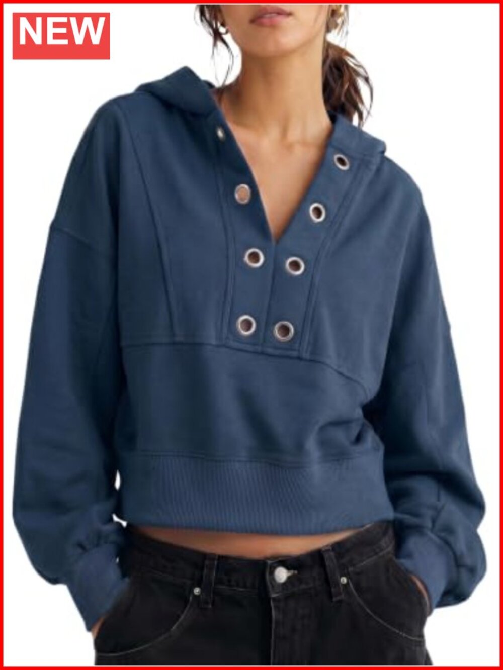 Cropped Hoodie V Neck Oversized Sweatshirt Pullover Top